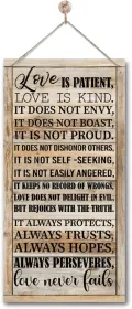Inspirational Hanging Wood Decor Sign, 1 Corinthians 13:4-8 Love is Patient, Love is Kind