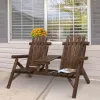 2-Seat Brown Wooden Adirondack Chair, Patio Bench with Table, Outdoor Loveseat Fire Pit Chair for Porch, Backyard, Deck, Carbonized