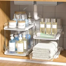 White 2-Tier Multi-Purpose Bathroom Under Sink Organizers and Storage, Stackable Kitchen Pantry Organization