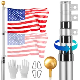 20FT Telescoping Flag pole Kit, Heavy Duty Aluminum Alloy in Ground Outside Silver, w 3x5 Flag