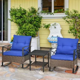 3 Piece Rocking Wicker Bistro Set, Outdoor Patio Furniture Set with 2 Porch Rocker Chairs, Cushions, 2-Tier Coffee Table for Garden