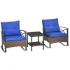 3 Piece Rocking Wicker Bistro Set, Outdoor Patio Furniture Set with 2 Porch Rocker Chairs, Cushions, 2-Tier Coffee Table for Garden