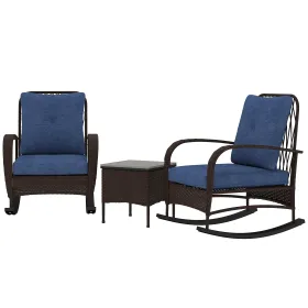 3 Pieces Wicker Patio Furniture Set, Outdoor PE Rattan Rocking Chairs with Coffee Table, Cushions for Porch, Brown