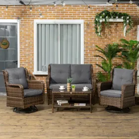 4 Piece Rattan Couch, with 2 Swivel Rocking Chairs, 2-Tier Glass Table and Sofa, All-Weather PE Set for Garden, Patio, Gray