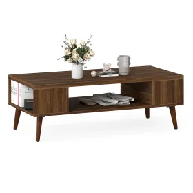 42 Inch Mid Century Modern Coffee Table Rectangular with Open Compartment Walnut