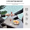 5-Piece Rattan Wicker Bar Set with Glass Top Table, 2 Tier Storage Shelf, and 4 Bar Stools for Outdoor, Patio, Garden, Brown