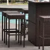 5-Piece Rattan Wicker Bar Set with Glass Top Table, 2 Tier Storage Shelf, and 4 Bar Stools for Outdoor, Patio, Garden, Brown