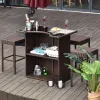 5-Piece Rattan Wicker Bar Set with Glass Top Table, 2 Tier Storage Shelf, and 4 Bar Stools for Outdoor, Patio, Garden, Brown