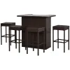 5-Piece Rattan Wicker Bar Set with Glass Top Table, 2 Tier Storage Shelf, and 4 Bar Stools for Outdoor, Patio, Garden, Brown