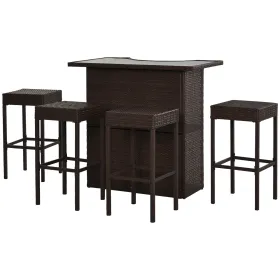 5-Piece Rattan Wicker Bar Set with Glass Top Table, 2 Tier Storage Shelf, and 4 Bar Stools for Outdoor, Patio, Garden, Brown