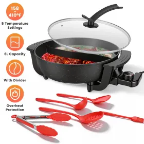6L Electric Hot Pot with Divider 1100W Dual-Flavor Pot Shabu Shabu Fondue Pot Non-Stick with 5-Temp Control