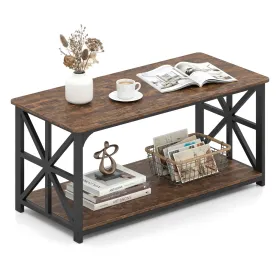 Rustic Brown Coffee Table 2-Tier Center Table with Storage Shelf