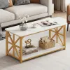 White and Gold Coffee Table 2-Tier Center Table with Storage Shelf
