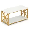 White and Gold Coffee Table 2-Tier Center Table with Storage Shelf