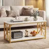 White and Gold Coffee Table 2-Tier Center Table with Storage Shelf