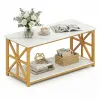 White and Gold Coffee Table 2-Tier Center Table with Storage Shelf