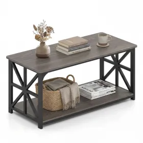 Oak Coffee Table 2-Tier Center Table with Storage Shelf