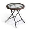 Brown Outdoor Side Table, Round Rattan Patio Side Table, Small Foldable Wicker Table with Tempered Glass Table Top for Lawn Garden