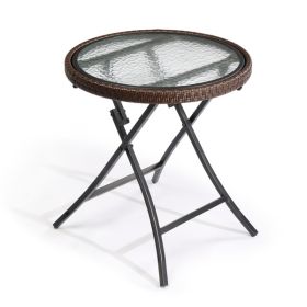 Brown Outdoor Side Table, Round Rattan Patio Side Table, Small Foldable Wicker Table with Tempered Glass Table Top for Lawn Garden