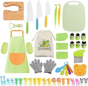 50PCS Kids Cooking Tools, Crocodile Kid Safe Knife, Cutting Board Apron Gloves Fruit Vegetable Crinkle Cutters Peeler Serrated Edges