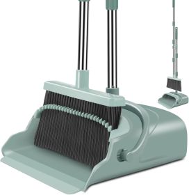 Upgrade Broom and Dustpan Set, Large Size and with Long Handle, Upright, Indoor Outdoor (Green)