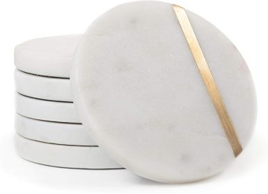 Marble Coasters Set of 6 - White Marble with Gold Brass Inlay - Real Natural Semi Absorbent Stone Coasters