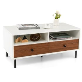 White with Brown Drawers -2 Tier 40 Inch Length Modern Rectangle Coffee Table with Storage Shelf