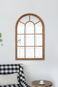 34x54.3" Large Arched Accent Mirror with Brown Frame with Decorative Window Look Classic Architecture Style Solid Fir Wood Interior Deco