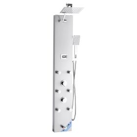 Shower Panel Tower System with Rainfall Shower Head, LED, 49 in Brushed Stainless Steel Shower Column, 4-Function Faucet, 6 Body Jets