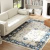 Boho Machine Washable Area Rug 5x7, Non-Slip Floral Print Floor Carpet for Living Room, Bedroom, Dining Room, Blue
