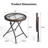 Brown Outdoor Side Table, Round Rattan Patio Side Table, Small Foldable Wicker Table with Tempered Glass Table Top for Lawn Garden