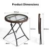 Brown Outdoor Side Table, Round Rattan Patio Side Table, Small Foldable Wicker Table with Tempered Glass Table Top for Lawn Garden
