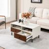 White with Brown Drawers -2 Tier 40 Inch Length Modern Rectangle Coffee Table with Storage Shelf
