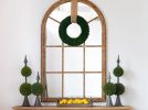 34x54.3" Large Arched Accent Mirror with Brown Frame with Decorative Window Look Classic Architecture Style Solid Fir Wood Interior Deco