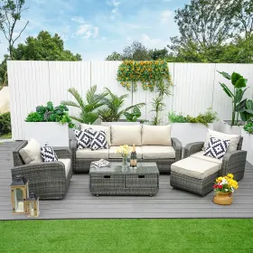 Grey Direct Wicker 5-Piece Outdoor Rattan Furniture Patio Conversation Set with Cushion