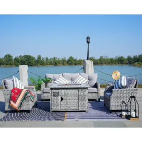 Light Gray Direct Wicker 5-Piece Wicker Patio Fire Pit Sectional Seating Set