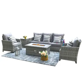 Gray Cushions Direct Wicker 5-Piece Wicker Patio Fire Pit Sectional Seating Set