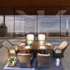 Brown Direct Wicker 7 PCS Patio Gas Firepit and Ice Container Rectangle Dining Set with 6 Standard Height Chairs