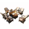 Brown Direct Wicker 7 PCS Patio Gas Firepit and Ice Container Rectangle Dining Set with 6 Standard Height Chairs