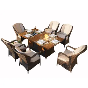 Brown Direct Wicker 7 PCS Patio Gas Firepit and Ice Container Rectangle Dining Set with 6 Standard Height Chairs
