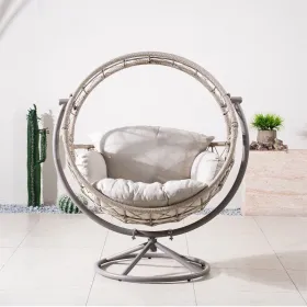 Wicker Outdoor Indoor Swing Chair with 4-in-1 Cushions, Metal Frame, Wicker Hanging Chair, Grey