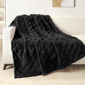 Black Fleece Throw Blanket for Couch Super Soft and Warm Lightweight Checkered Pattern Blankets for All Seasons, 50x60 Inches