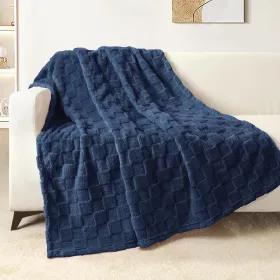Navy Blue Fleece Throw Blanket for Couch, Super Soft and Warm Lightweight Checkered Pattern Blankets for All Seasons, 50x60 Inches,