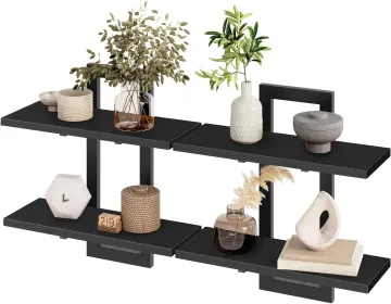 Black Floating Shelves, 15 Inch Wall Shelf Set of 2, Wall Mounted Storage Shelves 2-Tier