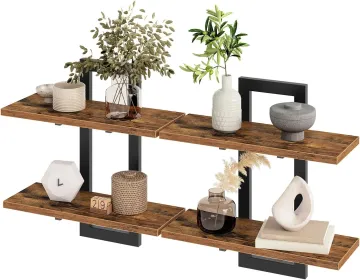 Brown and Black Floating Shelves, 15 Inch Wall Shelf Set of 2, Wall Mounted Storage Shelves 2-Tier