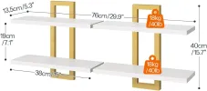 White and Gold, Floating Shelves, 15 Inch Wall Shelf Set of 2, Wall Mounted Storage Shelves 2-Tier