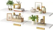 White and Gold, Floating Shelves, 15 Inch Wall Shelf Set of 2, Wall Mounted Storage Shelves 2-Tier