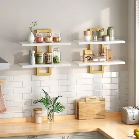 White and Gold, Floating Shelves, 15 Inch Wall Shelf Set of 2, Wall Mounted Storage Shelves 2-Tier