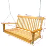 Teak Front Porch Swing with Armrests; Wood Bench Swing with Hanging Chains; for Outdoor Patio