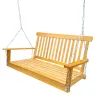 Teak Front Porch Swing with Armrests; Wood Bench Swing with Hanging Chains; for Outdoor Patio